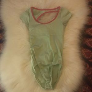 Sea green Lola cap sleeve leotard/pink trim